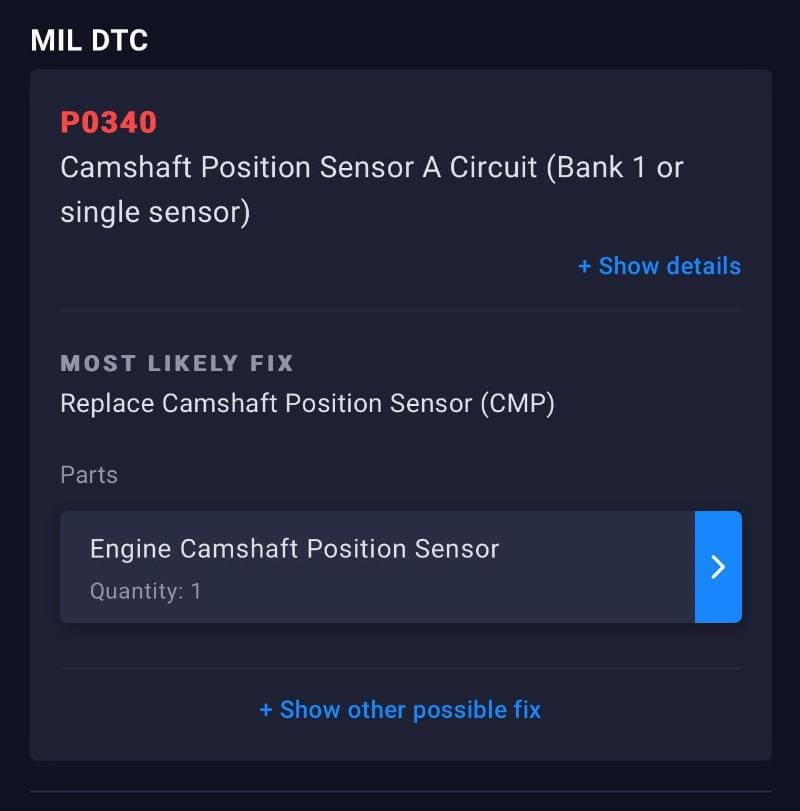 Cảm biến vị trí trục cam CMP bị lỗi