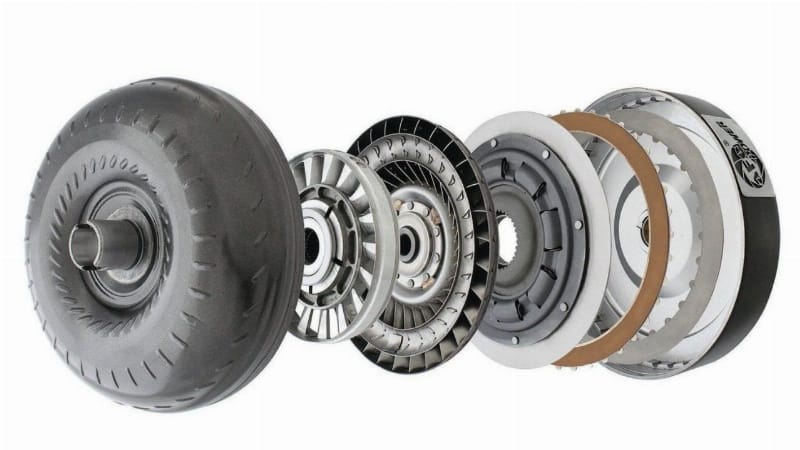 Sơ đồ cấu tạo bên trong biến mô, cho thấy các bộ phận chính như bơm, tuabin và stator cùng đường đi của dầu ATF