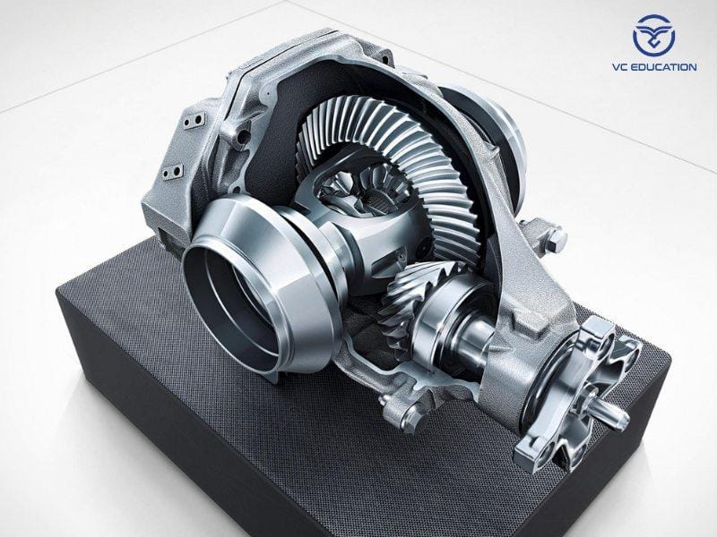 Một bộ vi sai ô tô bị tháo rời với các bánh răng bị mòn hoặc hư hỏng nặng.