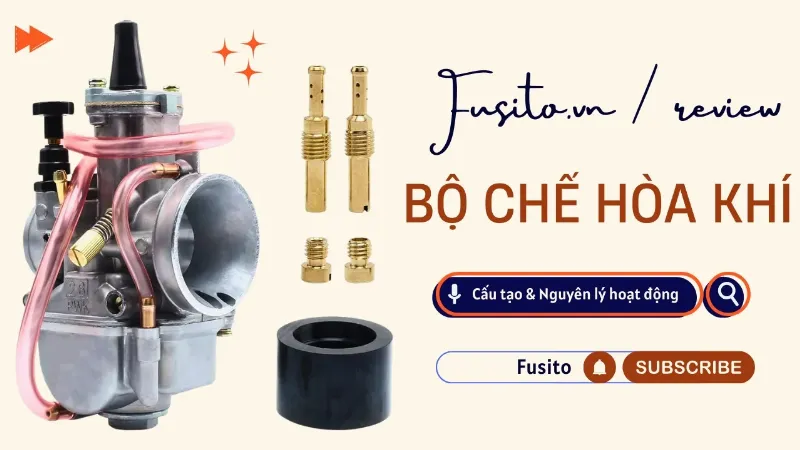 Cấu tạo chính bộ chế hòa khí, minh họa các bộ phận quan trọng như Venturi, bướm ga, buồng phao